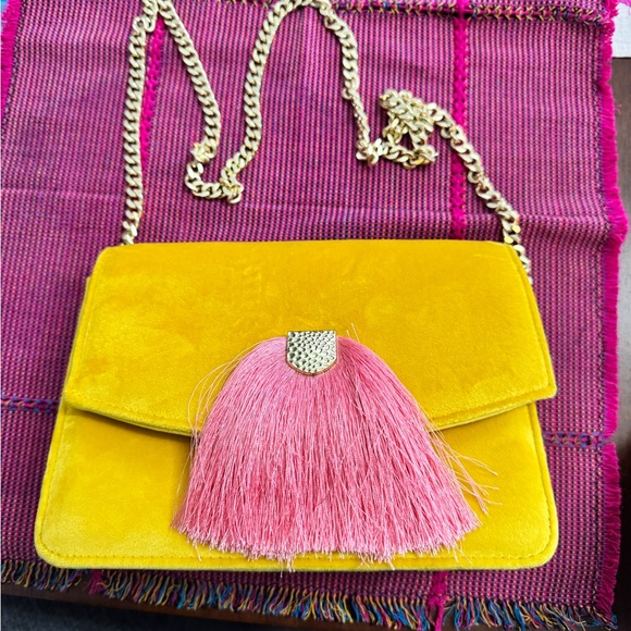 Boden Yellow and Pink Velvet Tassle Bag - Picture 3 of 9